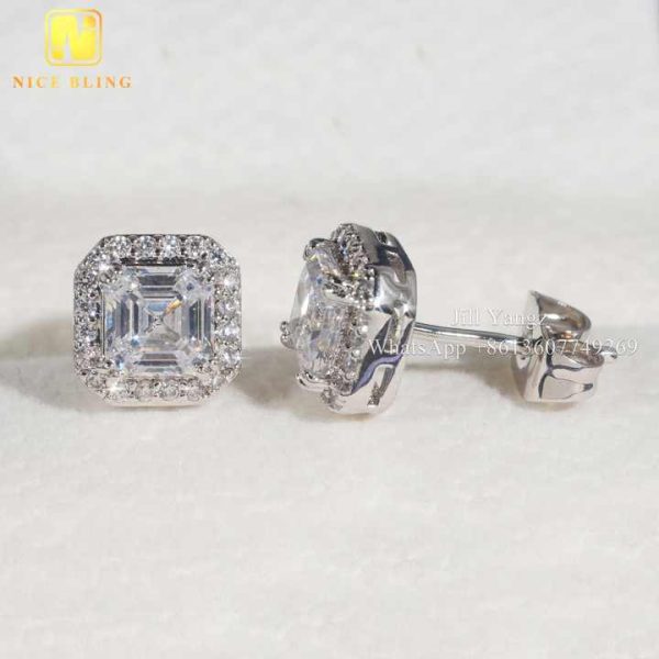 Fast Delivery Ready Stock Asscher Cut VVS Moissanite Square Halo Stud Earrings Factory Wholesale White Gold Plated