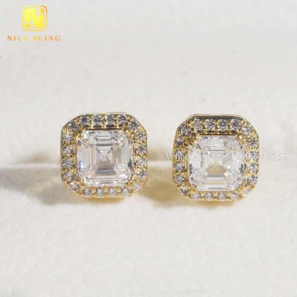 Fast Delivery Ready Stock Asscher Cut VVS Moissanite Square Halo Stud Earrings Factory Wholesale White Gold Plated