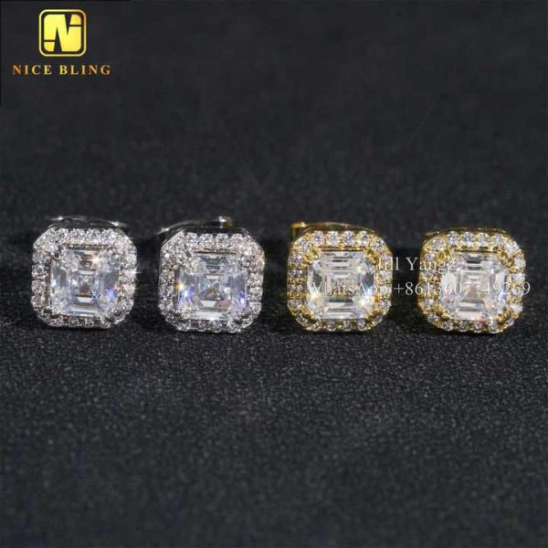 Fast Delivery Ready Stock Asscher Cut VVS Moissanite Square Halo Stud Earrings Factory Wholesale White Gold Plated