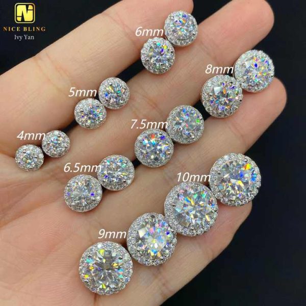 Full Range of Size Trendy Hip Hop Jewelry Bezel Setting Ear Studs 925 Sterling Silver VVS Moissanite Stud Earrings for Women