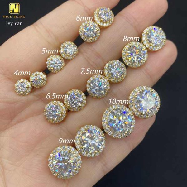 Full Range of Size Trendy Hip Hop Jewelry Bezel Setting Ear Studs 925 Sterling Silver VVS Moissanite Stud Earrings for Women