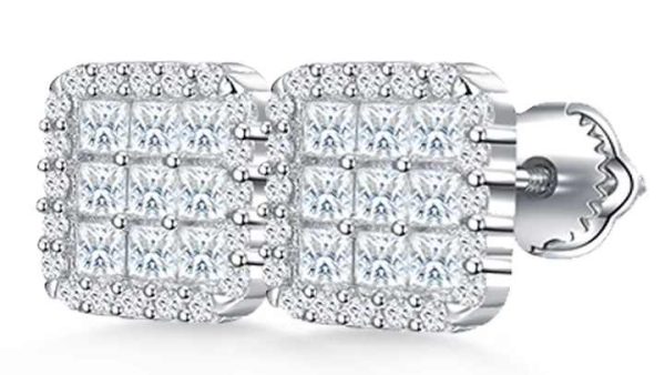 925 Sterling Silver Princess Cut Moissanite Stud Earrings for Men and Women Hip Hop Iced Out Style