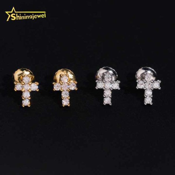 Fast Shipping Cross Earrings Pass Diamond Test Moisssanite Gold Plated Sterling Silver 925 Screw Back Stud Earrings