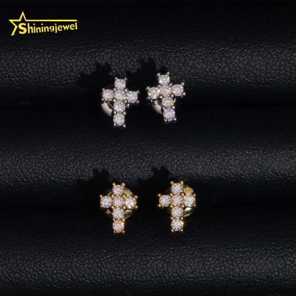Fast Shipping Cross Earrings Pass Diamond Test Moisssanite Gold Plated Sterling Silver 925 Screw Back Stud Earrings