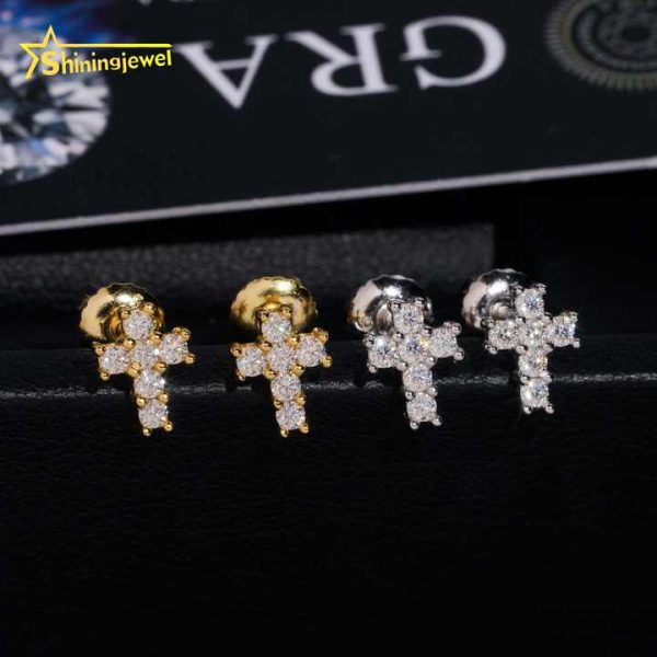 Fast Shipping Cross Earrings Pass Diamond Test Moisssanite Gold Plated Sterling Silver 925 Screw Back Stud Earrings