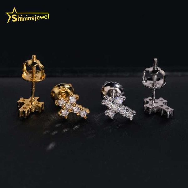 Fast Shipping Cross Earrings Pass Diamond Test Moisssanite Gold Plated Sterling Silver 925 Screw Back Stud Earrings
