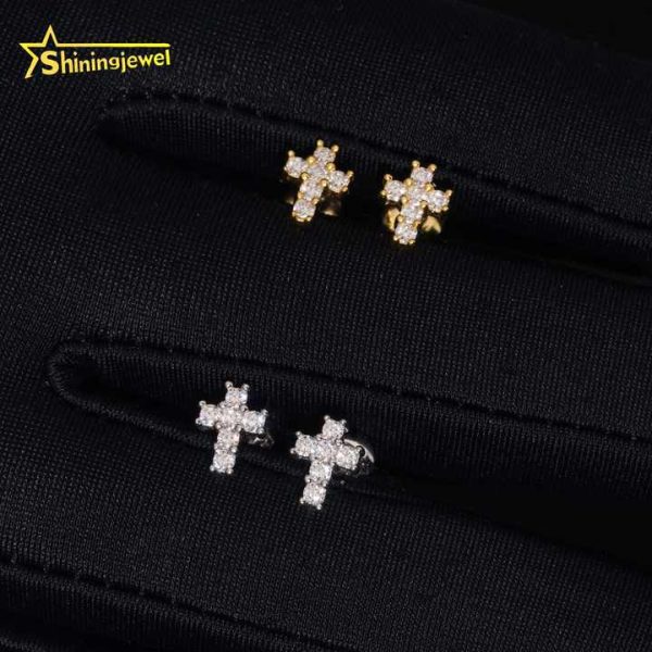 Fast Shipping Cross Earrings Pass Diamond Test Moisssanite Gold Plated Sterling Silver 925 Screw Back Stud Earrings