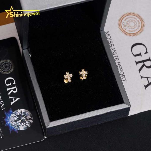 Fast Shipping Cross Earrings Pass Diamond Test Moisssanite Gold Plated Sterling Silver 925 Screw Back Stud Earrings