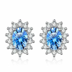 Luxury S925 Sterling Silver Women's Stud Earrings Fine Jewelry 50 Points Blue Moissanite for Valentine's Day Elegant Oval Design