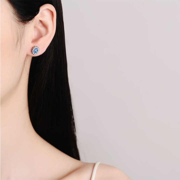 Luxury S925 Sterling Silver Women's Stud Earrings Fine Jewelry 50 Points Blue Moissanite for Valentine's Day Elegant Oval Design