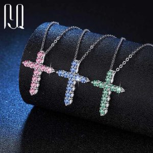 Unisex 1.1ct Multicolor Colored Moissanite Cross Pendant Necklace in 925 Sterling Silver