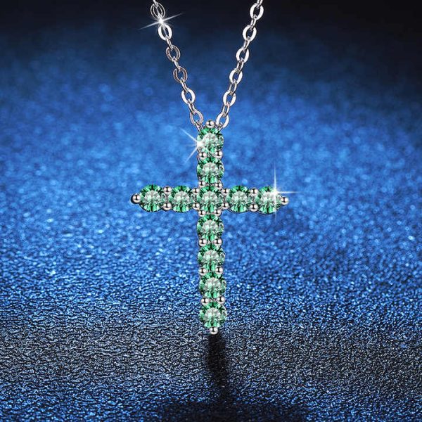 Pink Blue Green 1.1ct Moissante Cross Pendant 925 Silver Full Moissanite Diamond Cross Necklace for Tennis Chain
