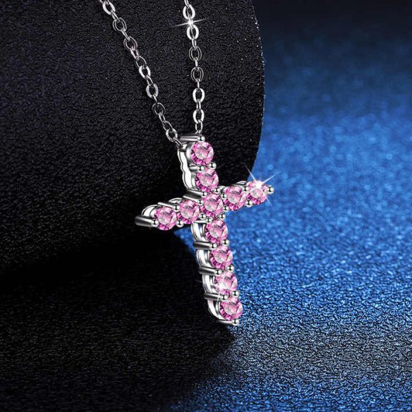 Pink Blue Green 1.1ct Moissante Cross Pendant 925 Silver Full Moissanite Diamond Cross Necklace for Tennis Chain