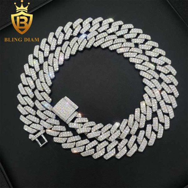 Fashion Male Necklaces 14mm Two Rows Iced Out Hip Hop 925 Sterling Silver VVS Moissanite Miami Cuban Link Chain