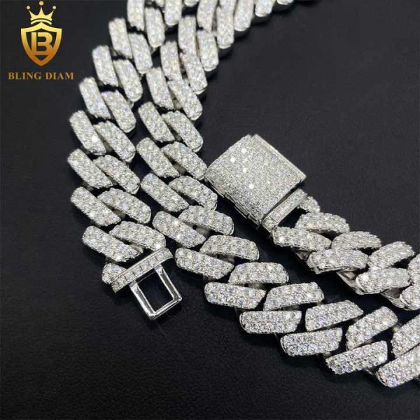 Fashion Male Necklaces 14mm Two Rows Iced Out Hip Hop 925 Sterling Silver VVS Moissanite Miami Cuban Link Chain
