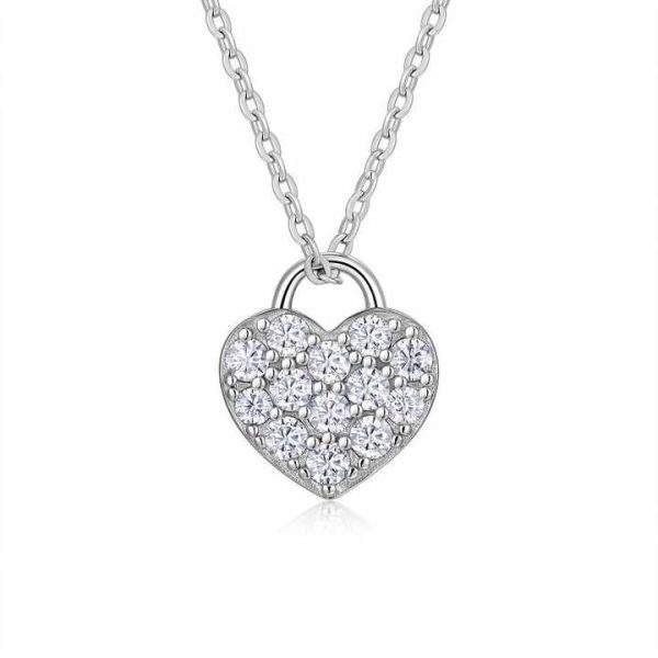 18K Gold Plated 0.7CTW Moissanite Pendant Necklace Heart Lock Shape Pave Setting Romantic 925 Sterling Silver Gift for Women