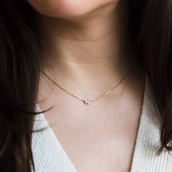 FN67 RINNTIN Delicate Fine Jewelry 10k Solid Yellow Gold Bezel Set Moissanite Diamond Three Stone Necklaces for Women