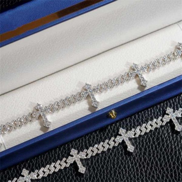 Fancy Dazzling Moissanite Fashion Fine Jewelry Striking Brilliance 925 Sterling Silver Cross Charm Cuban Chain Necklace