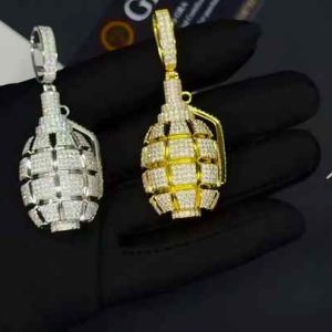 Lab Grown Moissanite Grenade Charm Pendant Religious 925 Sterling Silver 18K Gold Plated Jewelry Gift for Men
