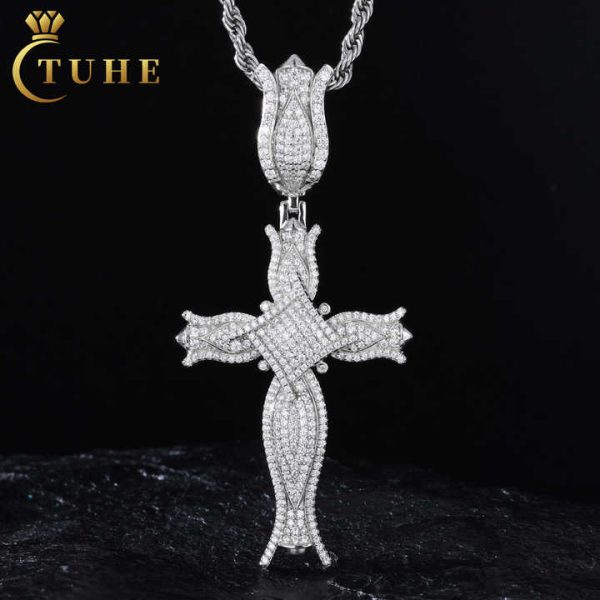 New Luxury Rapper Jewelry 925 Sterling Silver Vvs Moissanite Diamond Iced Out Cross Pendant With Square Center