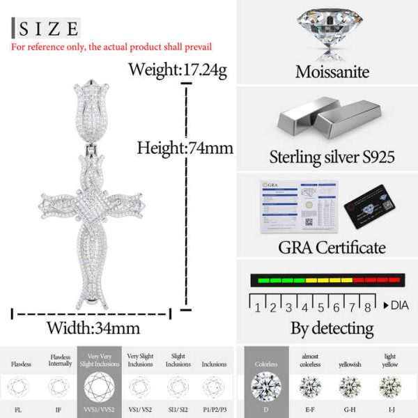 New Luxury Rapper Jewelry 925 Sterling Silver Vvs Moissanite Diamond Iced Out Cross Pendant With Square Center