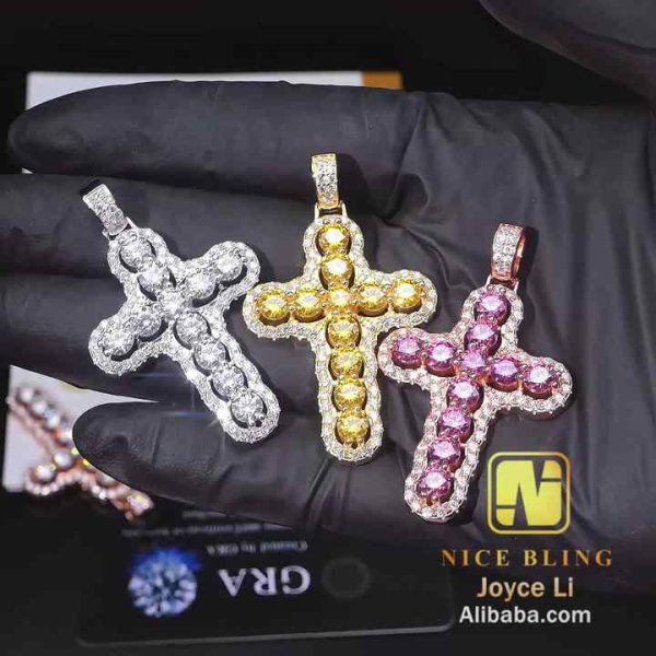 Christmas Gift Hiphop Iced Out Cross Pendant 925 Sterling Silver Gold Plated Colorful Moissanite Jewelry