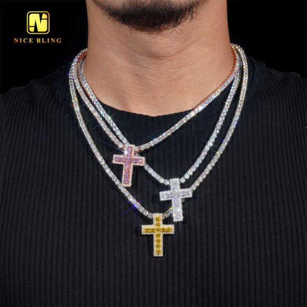 Ready to Ship Christmas Gift Colorful Moissanite Pendant 925 Silver Gold Plated Iced Out Pendant Moissanite Cross Pendant