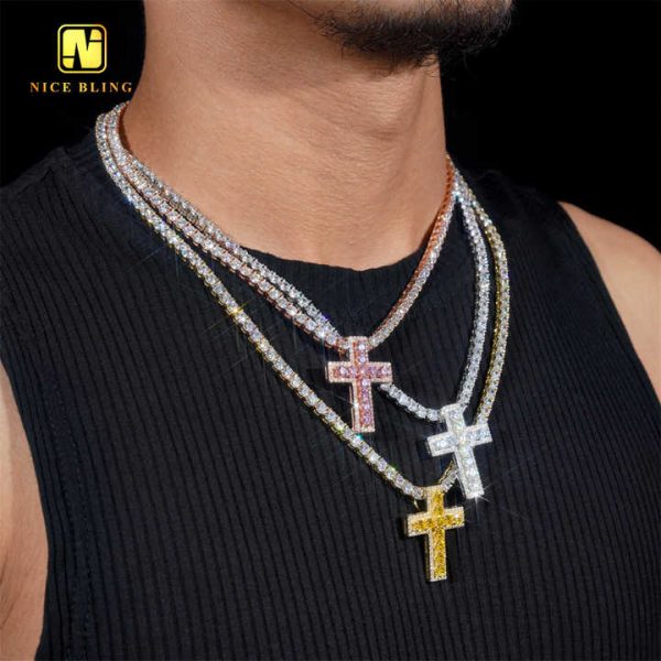 Ready to Ship Christmas Gift Colorful Moissanite Pendant 925 Silver Gold Plated Iced Out Pendant Moissanite Cross Pendant