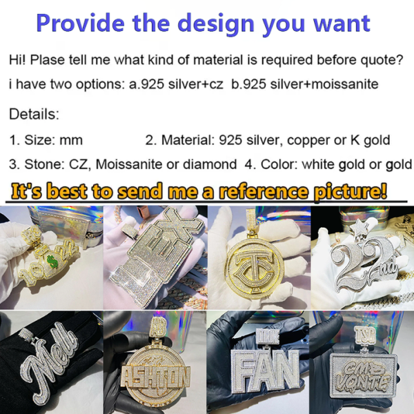 Custom Vvs Moissanite Diamonds 3d Pendants Factory Wholesale 925 Silver Fine Jewelry for Cuban Link Necklace