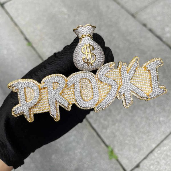 Custom name necklace "PROSKI" 925 Solid Silver With Iced Out Bling Money Bag Moissanite Gold Plated Pendant Gift for Women Men