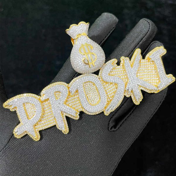Custom name necklace "PROSKI" 925 Solid Silver With Iced Out Bling Money Bag Moissanite Gold Plated Pendant Gift for Women Men