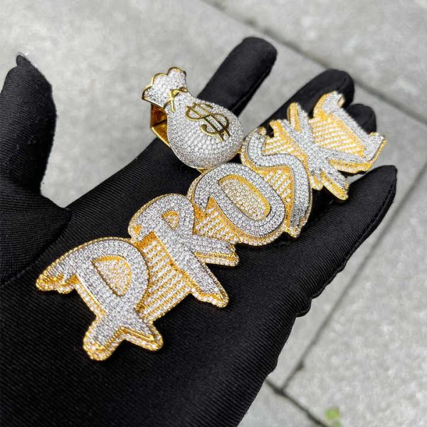 Custom name necklace "PROSKI" 925 Solid Silver With Iced Out Bling Money Bag Moissanite Gold Plated Pendant Gift for Women Men