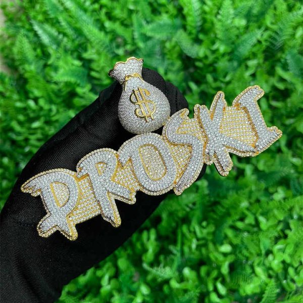 Custom name necklace "PROSKI" 925 Solid Silver With Iced Out Bling Money Bag Moissanite Gold Plated Pendant Gift for Women Men