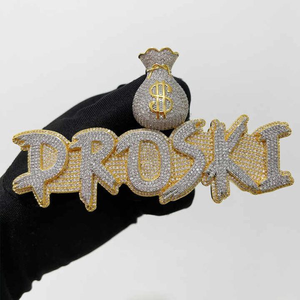 Custom name necklace "PROSKI" 925 Solid Silver With Iced Out Bling Money Bag Moissanite Gold Plated Pendant Gift for Women Men