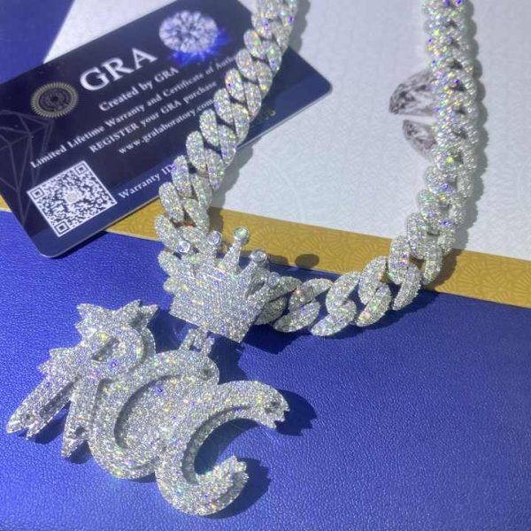 Iced Out Cuban Link Chain Hip Hop 925 Silver Micro Pave Lab Diamond Custom Moissanite Letter Pendant