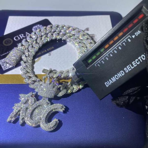 Iced Out Cuban Link Chain Hip Hop 925 Silver Micro Pave Lab Diamond Custom Moissanite Letter Pendant
