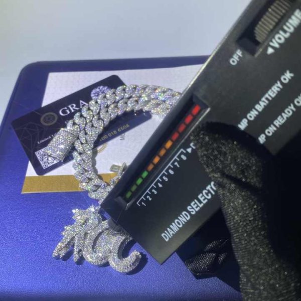 Iced Out Cuban Link Chain Hip Hop 925 Silver Micro Pave Lab Diamond Custom Moissanite Letter Pendant