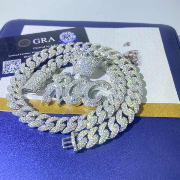 Iced Out Cuban Link Chain Hip Hop 925 Silver Micro Pave Lab Diamond Custom Moissanite Letter Pendant