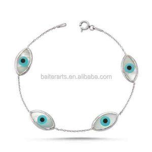 Wholesale Custom 925 Sterling Silver Turkish Jewelry MOP Mother of Pearl White Shell Evil Eye Link Bracelet
