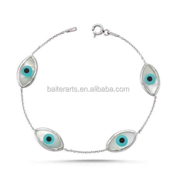 Wholesale Custom 925 Sterling Silver Turkish Jewelry MOP Mother of Pearl White Shell Evil Eye Link Bracelet