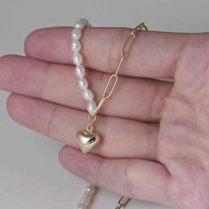 925 Sterling Silver Freshwater Pearl Chain Bracelet with Heart Charms for Women