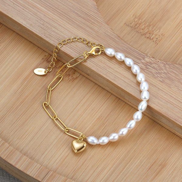 GPB17 Half Cultured Freshwater Pearl Half Paper Clip Chain Bracelet 925 Silver Fine Jewelry Heart Charms Bracelets for Women