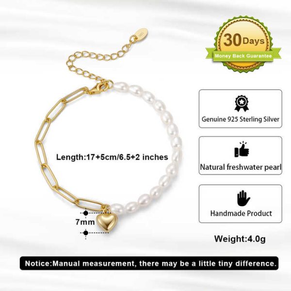 GPB17 Half Cultured Freshwater Pearl Half Paper Clip Chain Bracelet 925 Silver Fine Jewelry Heart Charms Bracelets for Women