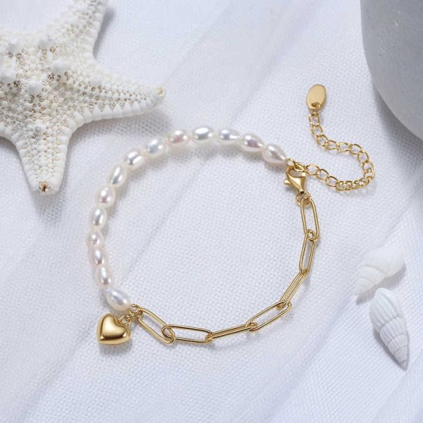 GPB17 Half Cultured Freshwater Pearl Half Paper Clip Chain Bracelet 925 Silver Fine Jewelry Heart Charms Bracelets for Women