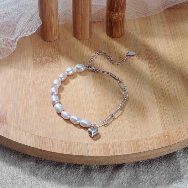 GPB17 Half Cultured Freshwater Pearl Half Paper Clip Chain Bracelet 925 Silver Fine Jewelry Heart Charms Bracelets for Women