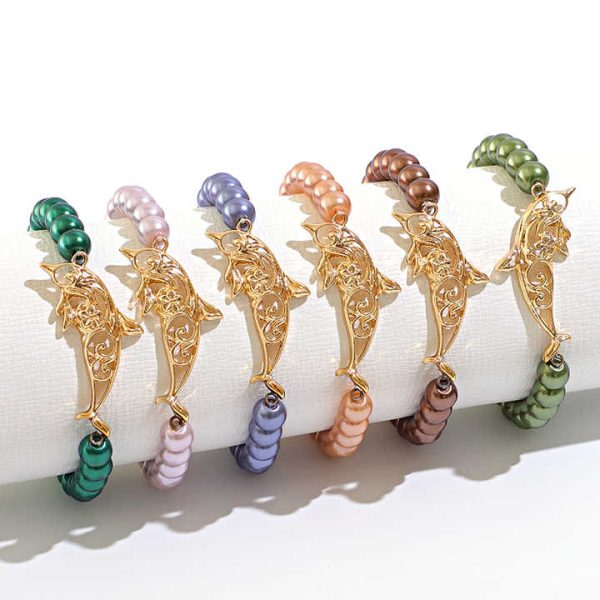 Komi Hawaiian Dolphin Pendant Gold Plated Bracelets Various Colors Glass Pearl Beaded Bangle Jewelry Wholesale