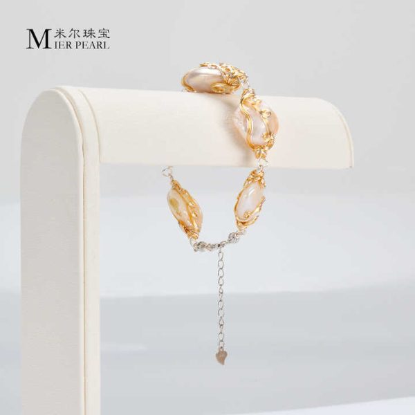 New Product Natural Freshwater White Baroque Pearl Bracelet Golden Winding Hand Wound Wire Bracelet