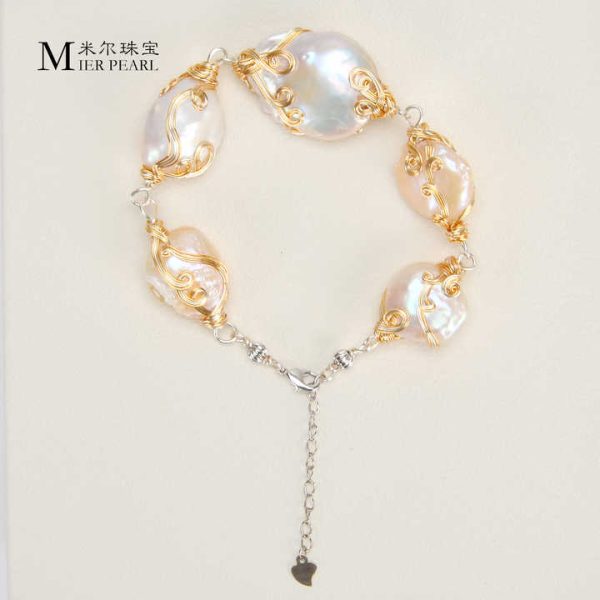 New Product Natural Freshwater White Baroque Pearl Bracelet Golden Winding Hand Wound Wire Bracelet