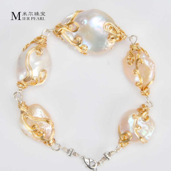 New Product Natural Freshwater White Baroque Pearl Bracelet Golden Winding Hand Wound Wire Bracelet