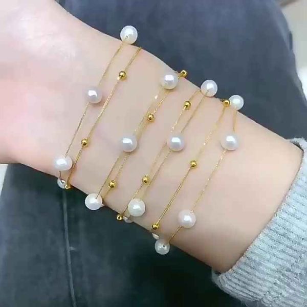 18k Gold Double Pearl Chain Bracelet with Natural Freshwater Pearls and Gold Accents for Women